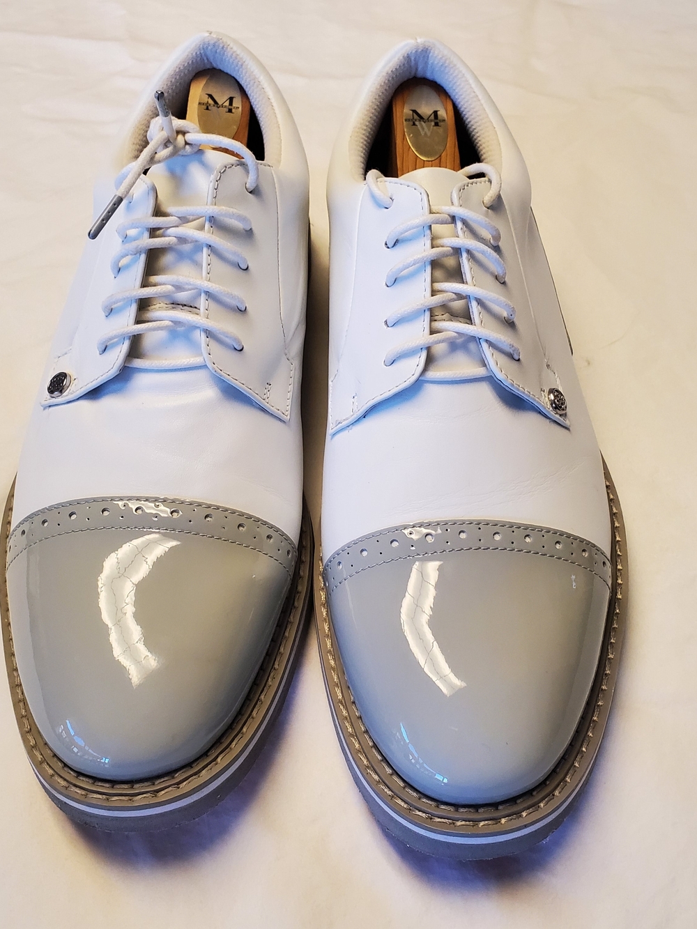 G/FORE Men's White Leather Athletic Shoes with Light Gray Patent Toecaps. Men's